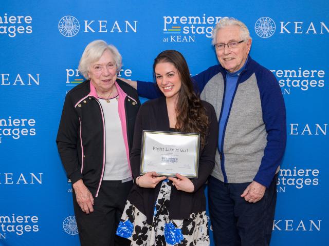 Kean alumna Emily Conklin received the Bauer Boucher Award. She is pictured with Nancy Boucher and W. John Bauer.