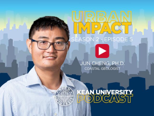 Researcher shown in front of Urban Impact podcast logo