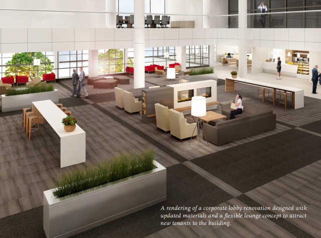 A rendering of a corporate lobby renovation
