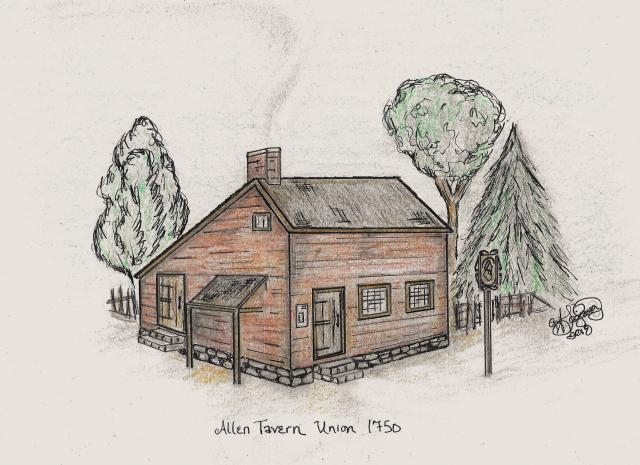 A pencil drawing of the Allen Tavern