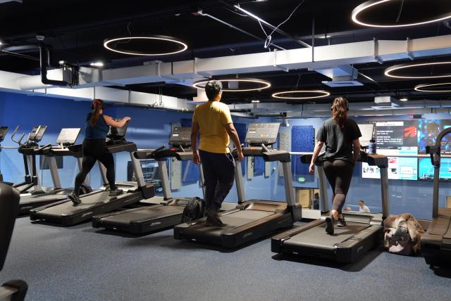 a wide-shot of 6 treadmills, 3 of which are being used by (L-R) a white female wearing black leggings, a blue shirt, and sneakers, a brown-skinned male wearing a yellow t-shirt and black pants and sneakers, and a white female wearing dark leggings and a dark t-shirt. Their backs are facing the photo. 