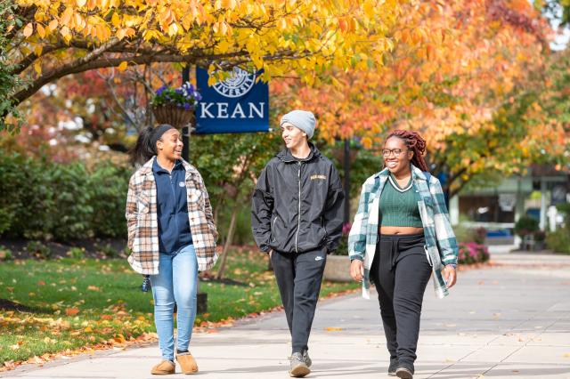 Kean University students stroll campus on a fall day
