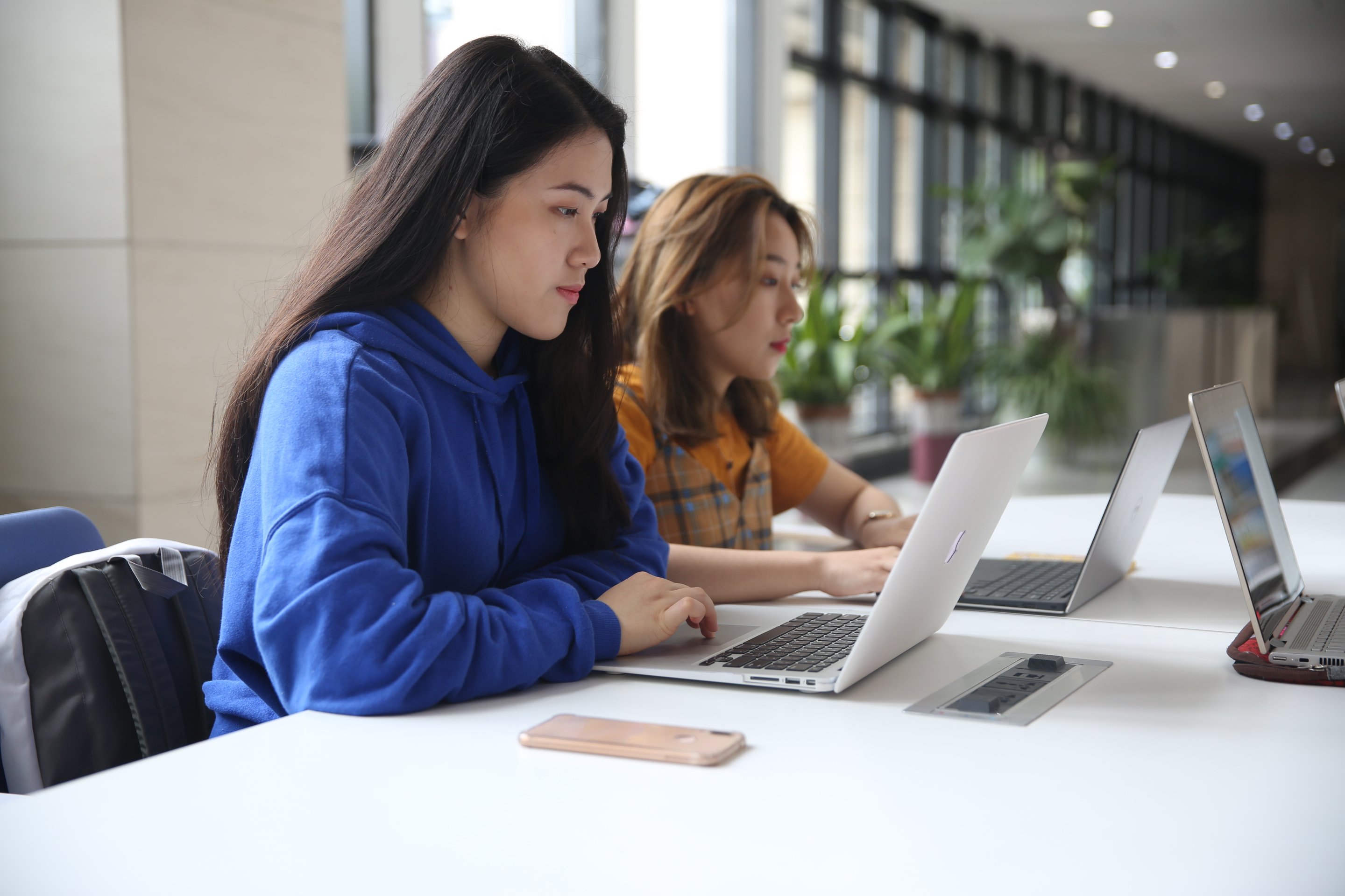 Students on laptops in a lounge area