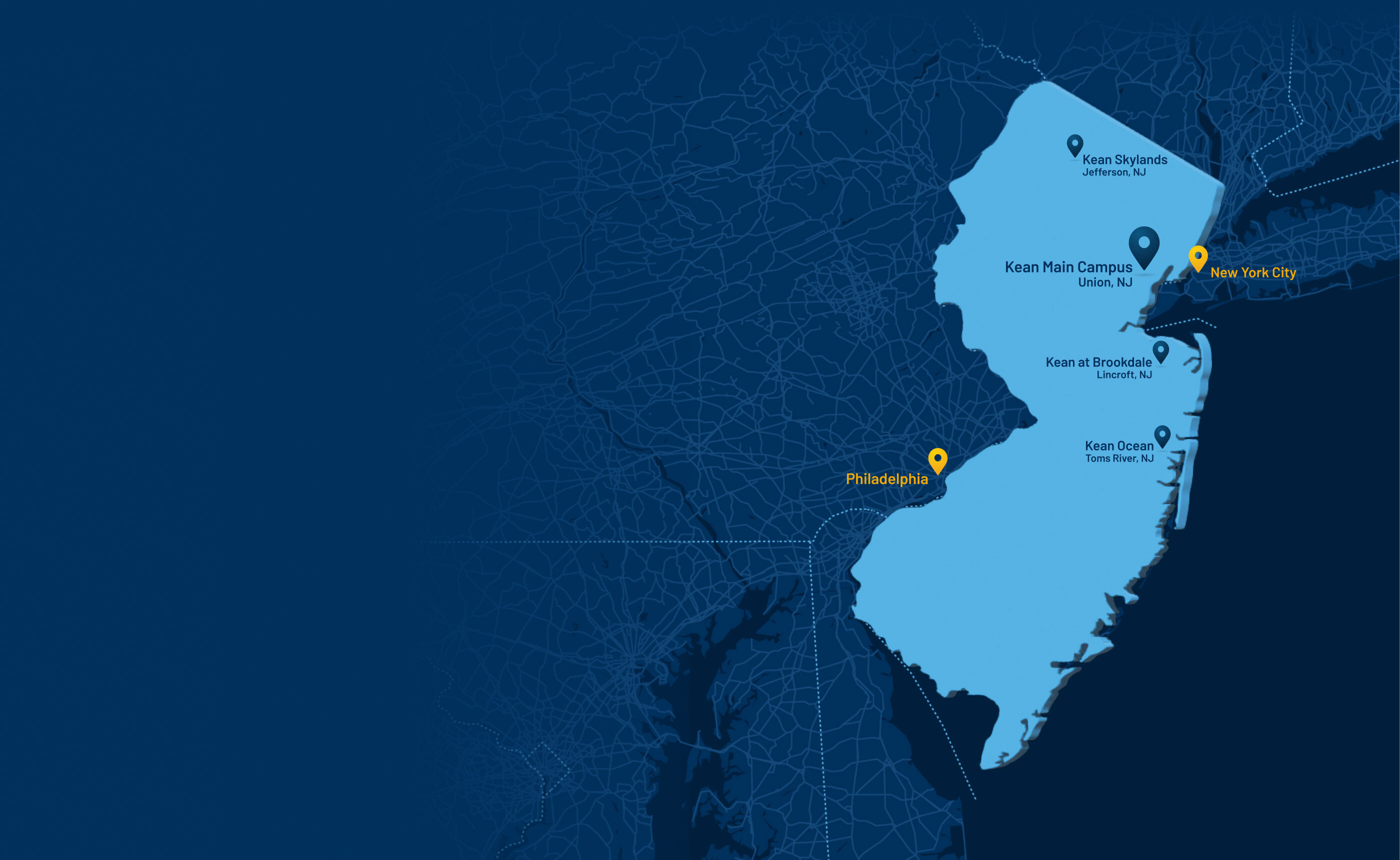 Map of New Jersey showing the four Kean campus locations and their proximity to New York City and Philadelphia