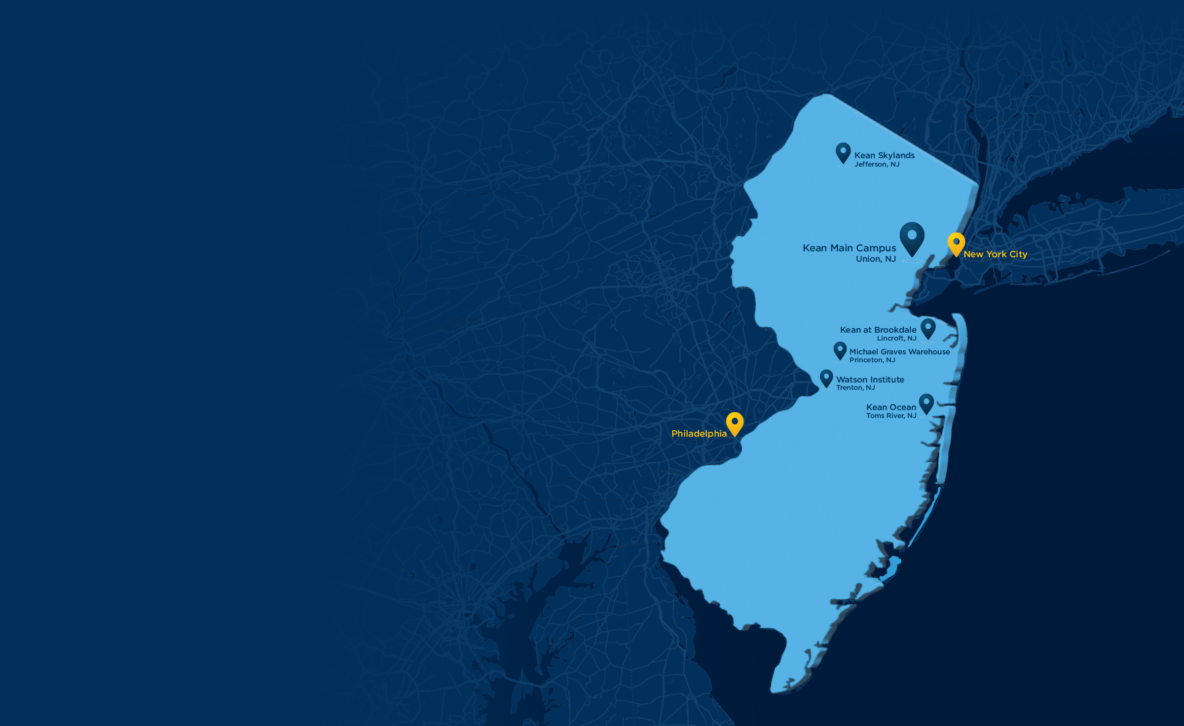 Map of New Jersey showing Kean's locations 