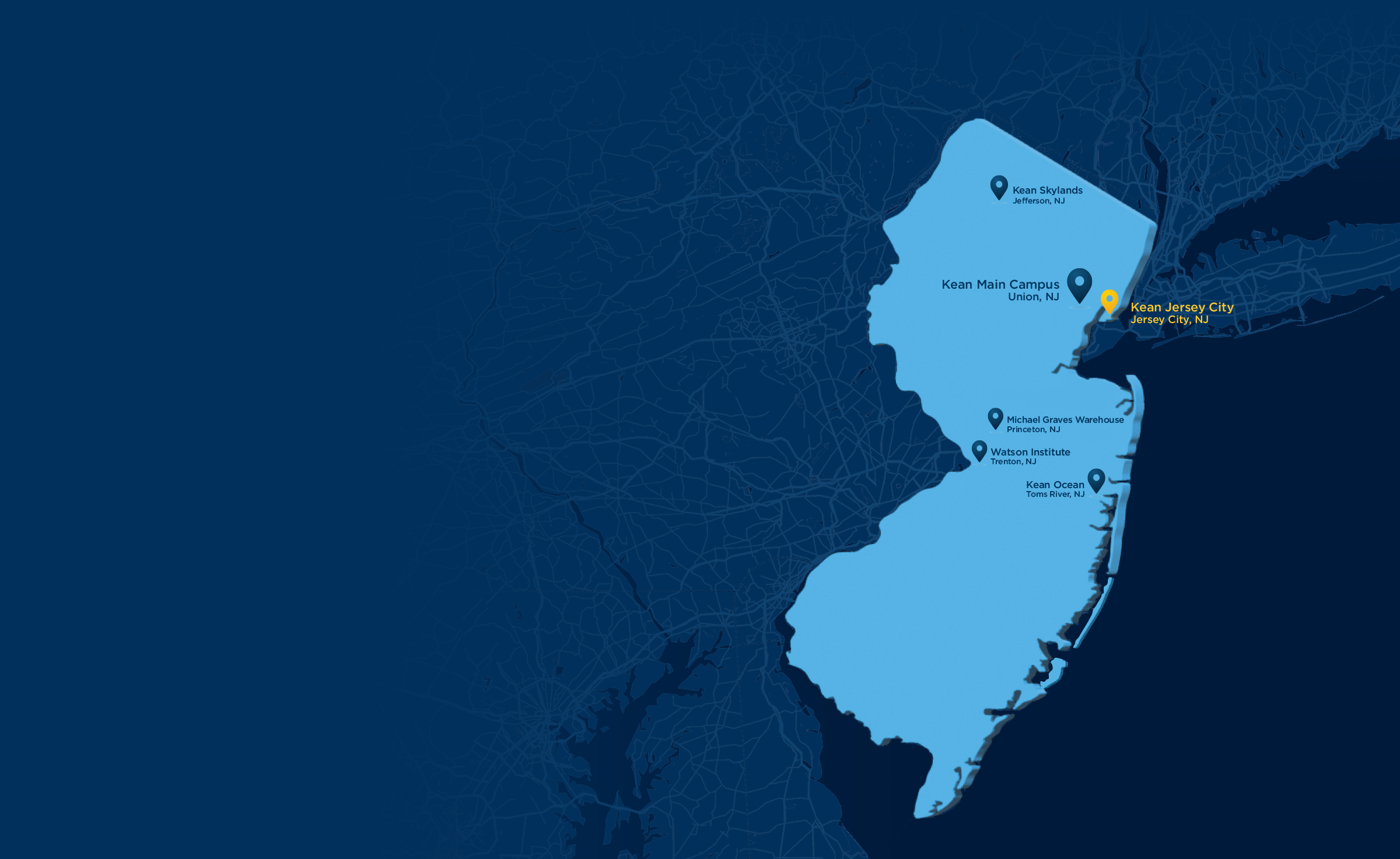 A map of Kean's New Jersey locations
