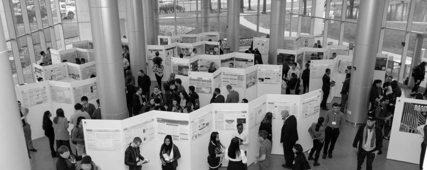 Kean students display their Research Days posters in the STEM building.
