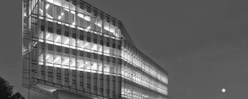 Kean University's STEM building illuminated at night.