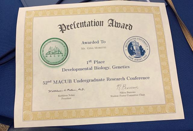 Photo of Award won by Graduate Student Gina Moretti