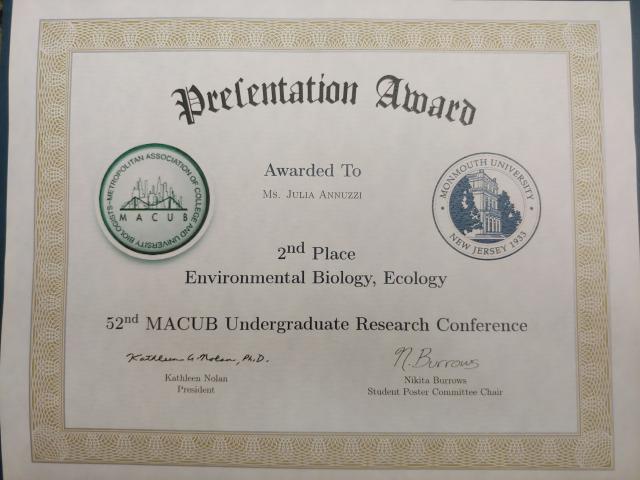 Photo of Award won by Graduate Student Julia Annuzzi