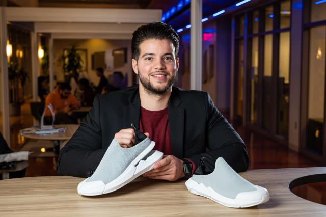 Kean grad Eric Cruz displays the Muvez Footwear shoe