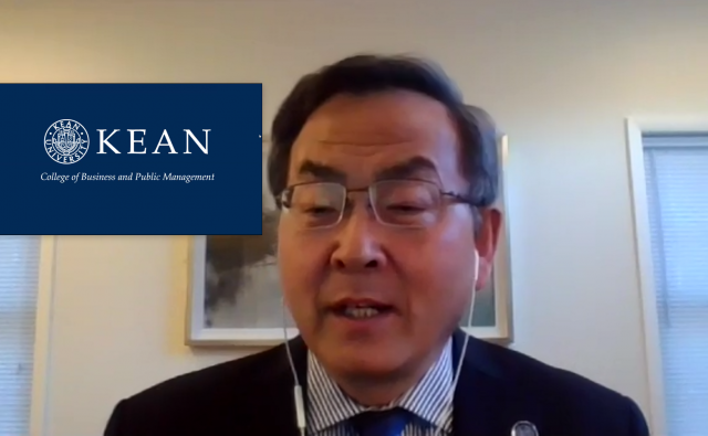 Kean College of Business and Public Management Dean Jin Wang, Ph.D. at the virtual Dinner with the Dean.