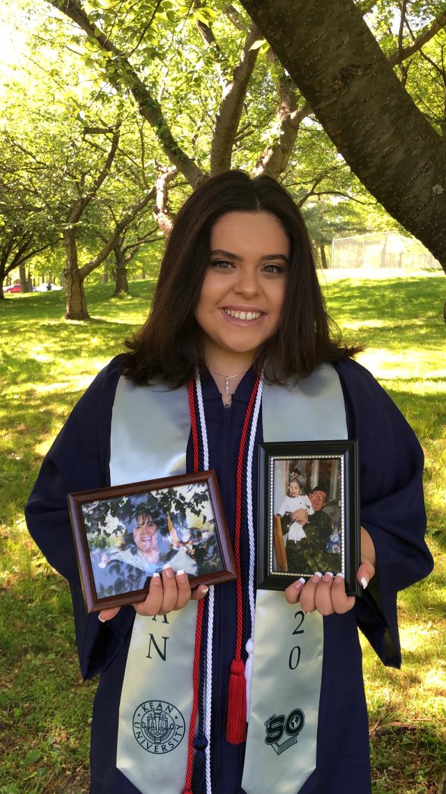 Daniela Derius-Rodriguez, Kean's Class of 2020, poses with photos of her mother and grandfather.