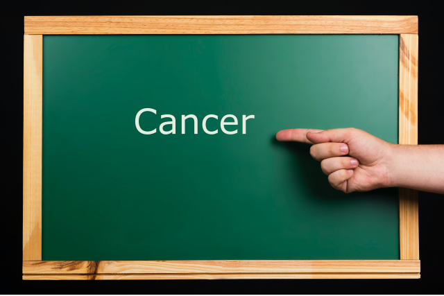 Blackboard with hand pointing to the  word "Cancer" (topic for this virtual booth)