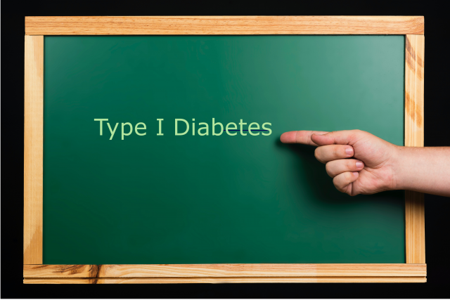 Blackboard with hand pointing to words "Type 1 Diabetes" (presentation topic)