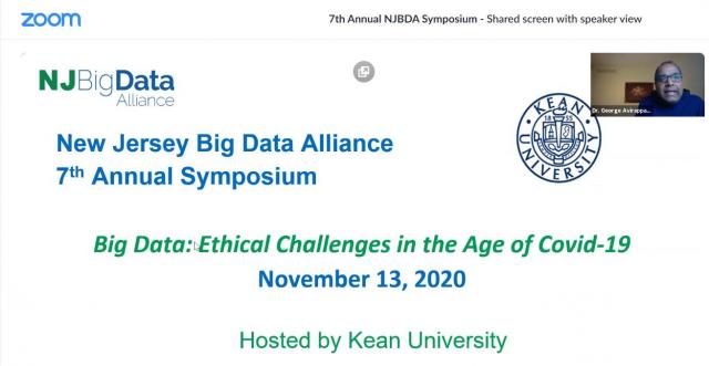 Photo of a front slide with title NJ Big Data 7th Annual Symposium Nov 13 2020, hosted by Kean University