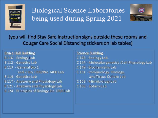 image with text of biological science laboratories being used in Spring 2021. Contact the School of Natural Sciences.