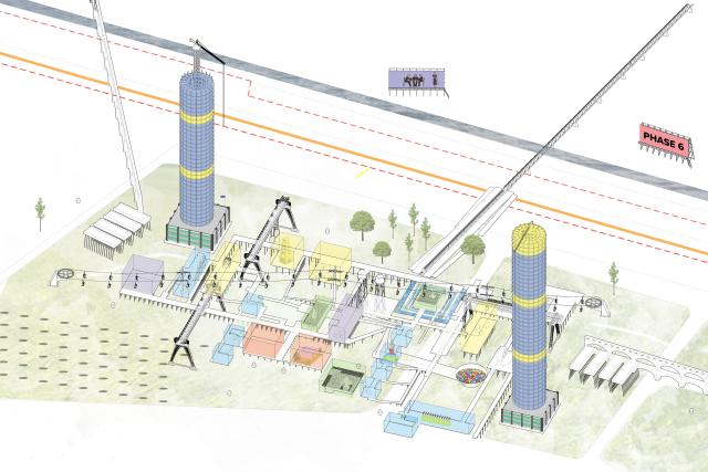 An architectural drawing with two blue towers framing smaller building between them.