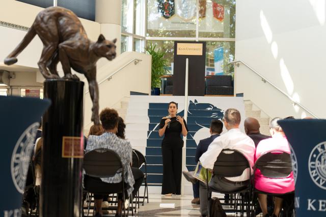 NJ Senate Majority Leader Teresa Ruiz speaks in Kean University's Miron Student Center.