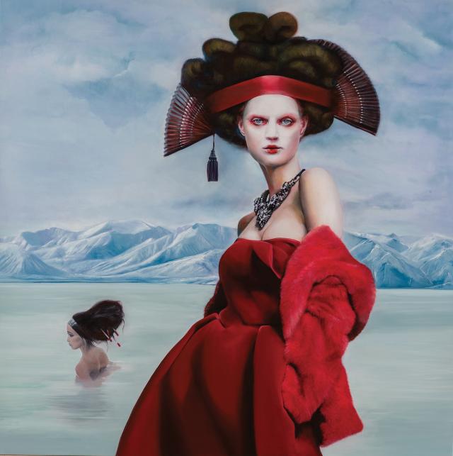 A painting of a white woman, with tall, brown hair that is up in several buns held together by a red band, that has a giant red Shan, which is a chinese holding fan, behind her hair. She has blue eyes, red lipstick on, and she is wearing red eye make-up, wearing a thick, jeweled necklace and a red strapless dress with a red sherpa hanging halfway down her arms. She is painted in front of snow-covered mountains, in front of a stream. There is another white woman painted to the left of her in the water.