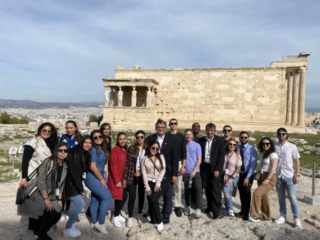 Students standing at the Acropolis 