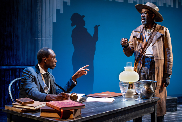 Carl Hendrick Louis and Brian D. Coats as William Still and Peter Friedman. In shadow, Nafeesa Monroe. Premiere Stages 2024 production of Still. Photo Credit: Mike Peters.