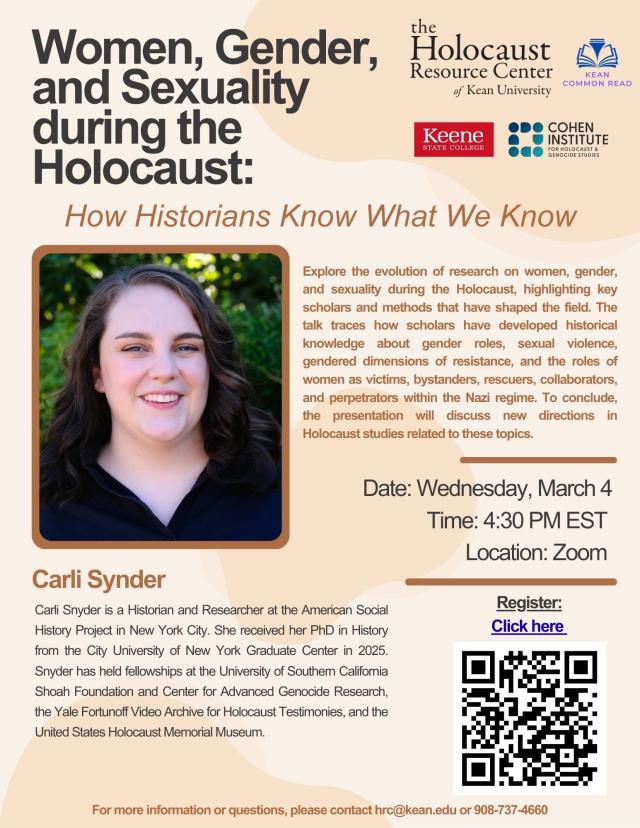 Flyer advertising the event Women, Gender, and Sexuality during the Holocaust