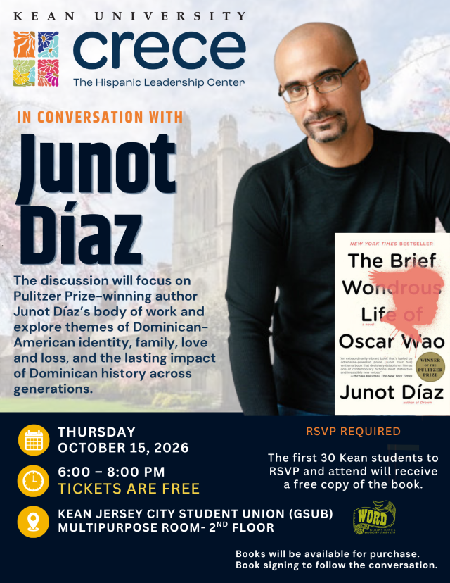 Junot Diaz, October 15th, Kean Jersey City Campus