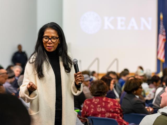 Kean Distinguished Lecture Series Judy A. Smith makes her way through the audience to take questions