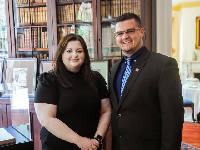 Kean University students Nicole Skalenko and Victor Bretones pose at Liberty Hall Museum