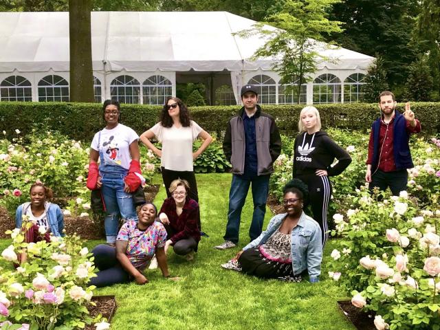 Kean Professor Maria Zamora and students pose at Liberty Hall during 2019 Writing Retreat