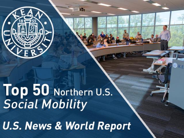 A classroom at Kean University, with "Top 50 Northern U.S. Social Mobility"