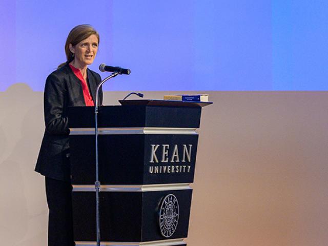 Former U.N. Ambassador Samantha Power speaks at a Kean podium