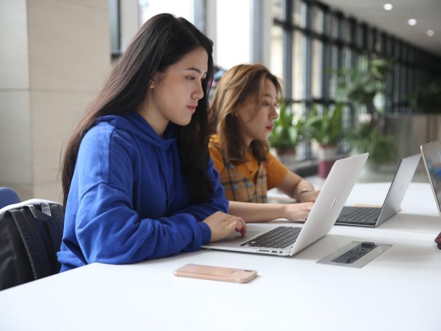 Students on laptops in a lounge area