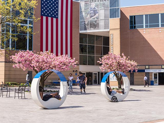 Miron Student Center patio with students lounging