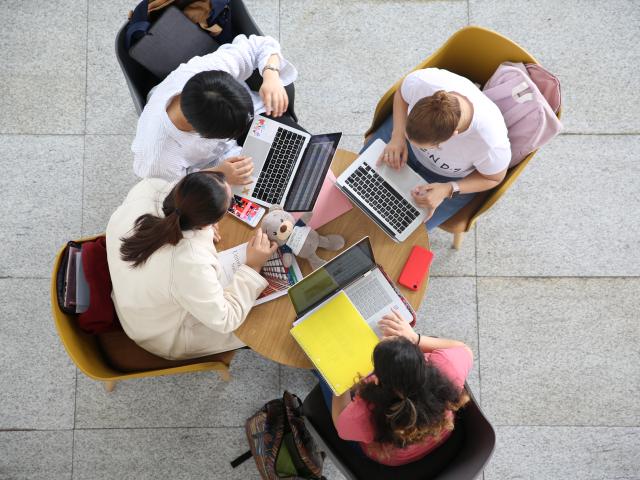 Students in a group studying,