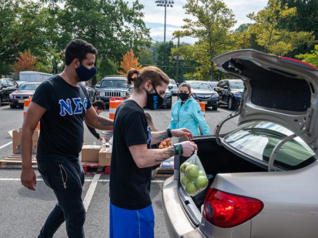 Kean students volunteering at a food distribution event load produce into the trunk of a car.