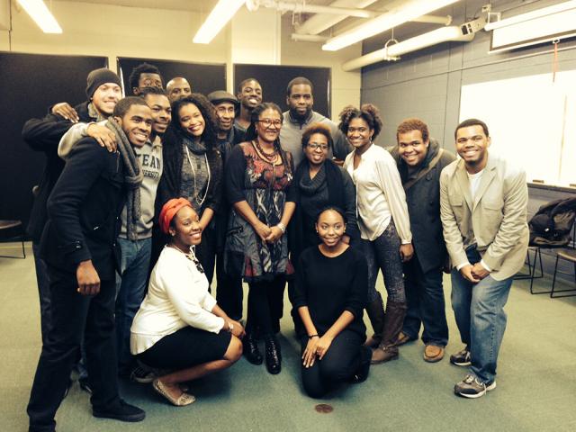 A group of Kean University students posing with Lynn Nottage during a masterclass