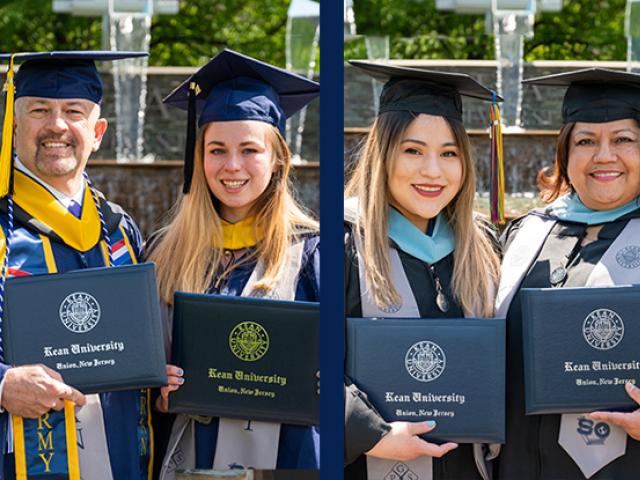 Kean graduates Robert and Mary Knight and Priscilla and Frezia Valenzuela in side-by-side photos.