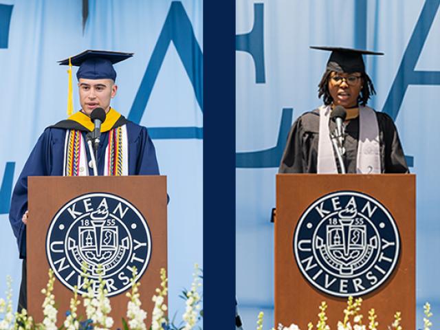 Kean 2021 Valedictorian Jason Antunes and Grad Student with Distinction Jeminat Musa in separate photos giving their commencement addresses.