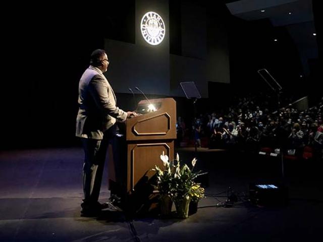 Kean President Lamont O. Repollet gives his Opening Day Address at Wilkins Theatre