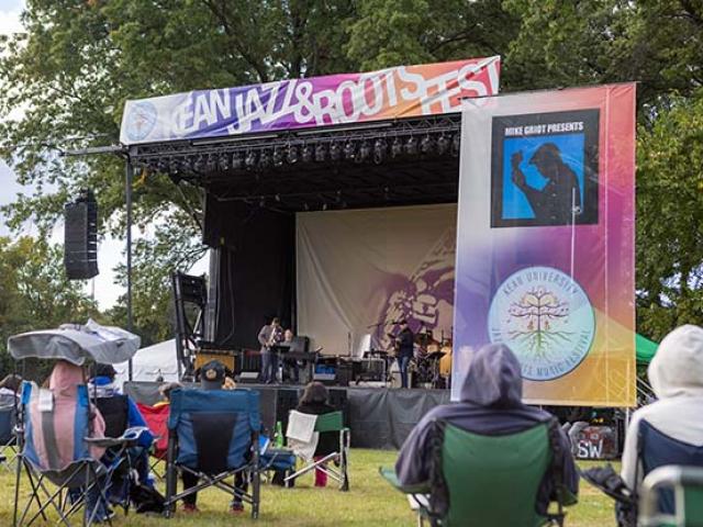 Musicians perform onstage at the Jazz & Roots Music Festival as the audience looks on.