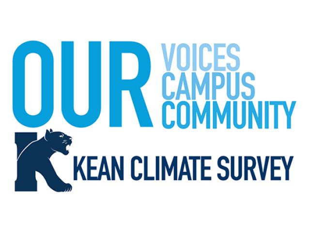 A log with text in two shades of blue reading, Our Voices, Campus, Community Kean Climate Survey