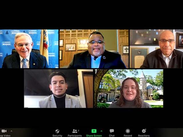 Sen. Menendez, Pres. Repollet, Sen. Booker, and Kean students Jason Pleitez and Delia Latini on a Zoom computer screen.