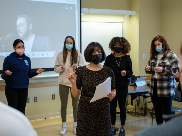 Sandra Bodin-Lerner leads students through an exercise in Listening class