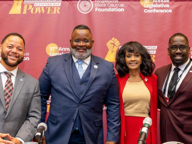 Kean President Repollet with other panelists and the moderator for a Congressional Black Caucus panel.