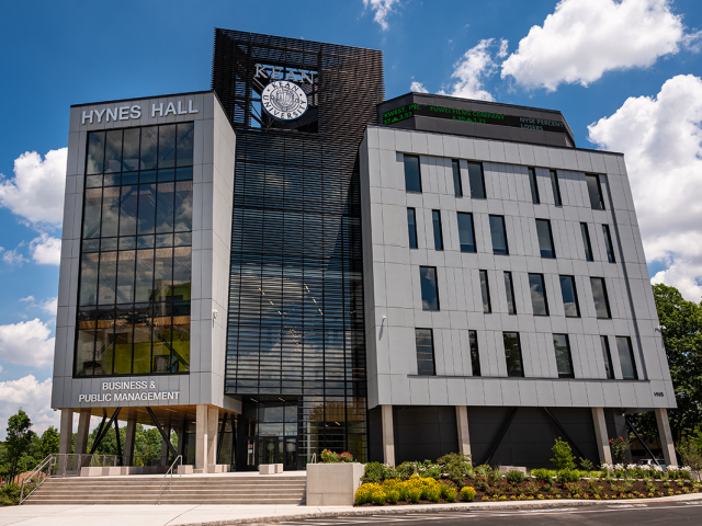 Kean University's Hynes Hall, a white and glass building