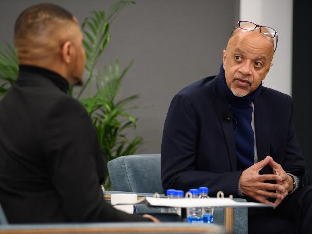 Author James McBride speaks with moderator Deonte Griffin-Quick, a Kean alumnus