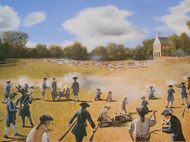 An artist's depiction of the Battle of Connecticut Farms