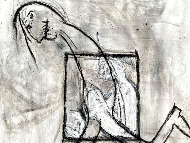 A black and white work on paper - graphite, charcoal, oil stick - of a person walking head down